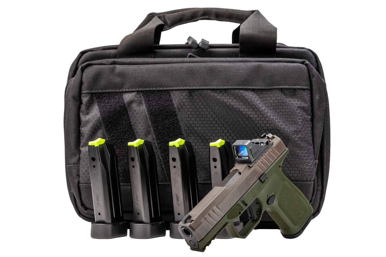 ROST MARTIN RM1C 9mm OD Green/Mojave Pistol with Viridian Green Dot, 5 Mags and Savior Bag